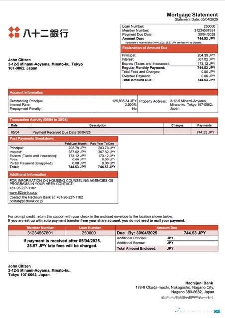 Download Japan Hachijuni Bank mortgage statement Word and PDF template Photoshop template
